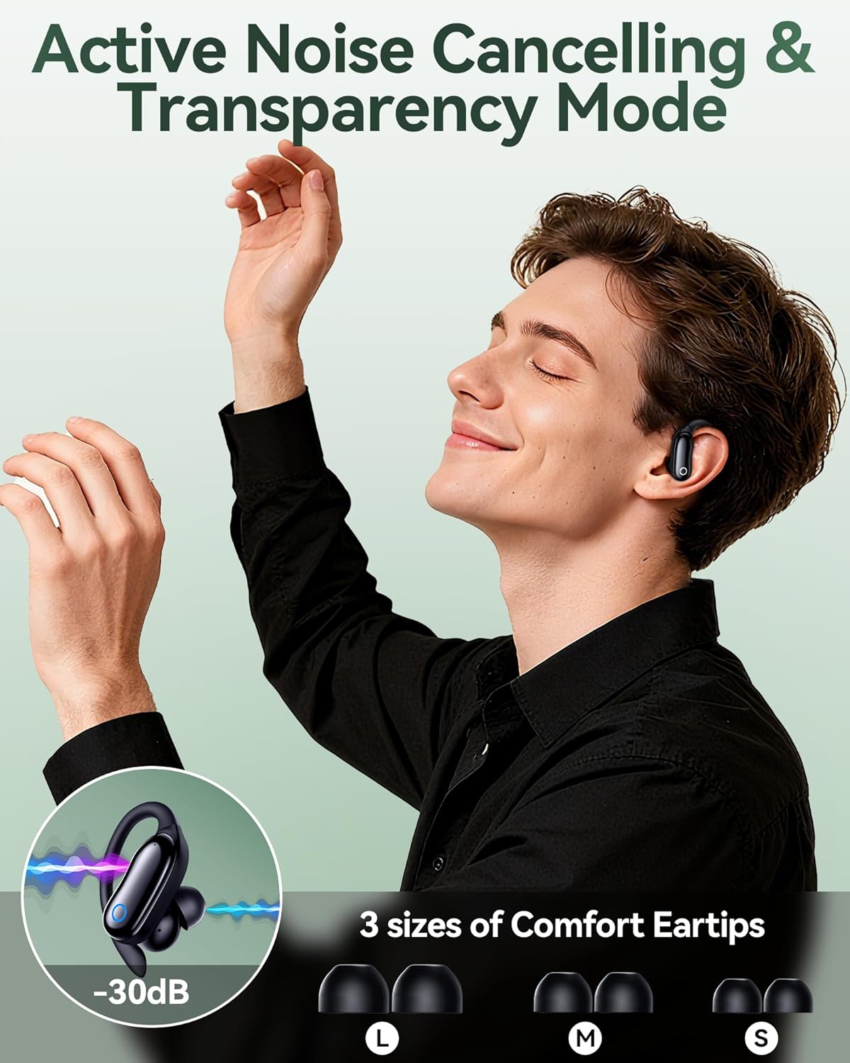 GNMN Active Noise Cancelling Ear Buds Wireless Earbuds 96hrs Playback Bluetooth Headphones Dual Battery Display Stereo Bass Earphones with Earhooks Microphone IPX7 Waterproof Headset for Sports/Gym - Image 2