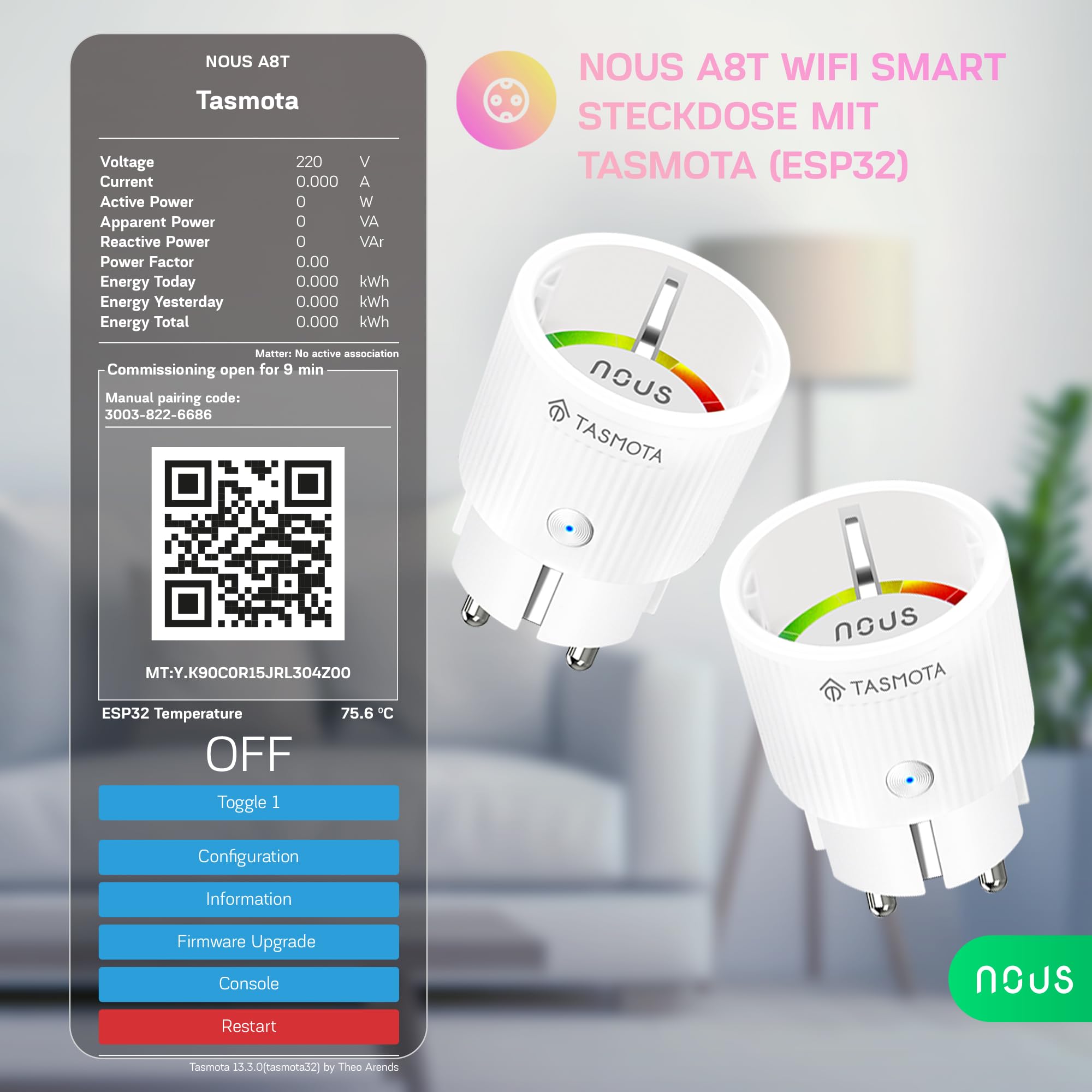 Tasmota Prise NOUS A8T, la plus petite prise Wi-Fi ESP32, mini prise Wi-Fi 10 A avec consommation d'énergie, minuterie, compatible avec Matter, Alexa, Google Home, Assistant, MQTT, 2,4 G
