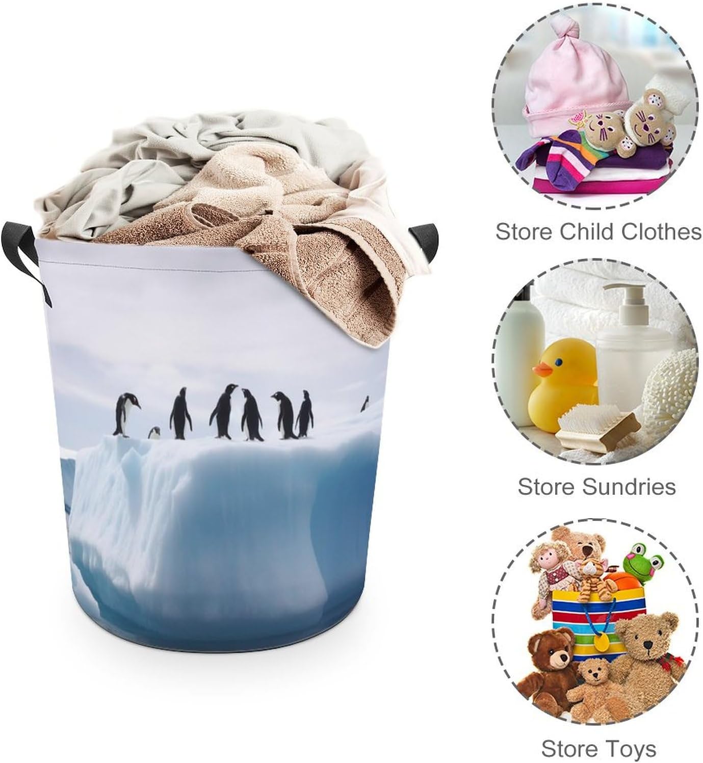Collapsible Laundry Basket, Penguins on The Iceberg Printed Foldable Oxford Cloth Storage Basket，suitable for Bedrooms, Bathrooms, Clothes, Toys