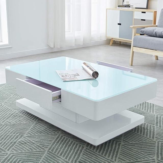 OFCASA 2 Drawers Coffee Table with White Tempered Glass Top High Gloss Coffee Table with Storage for Living Room Home Office