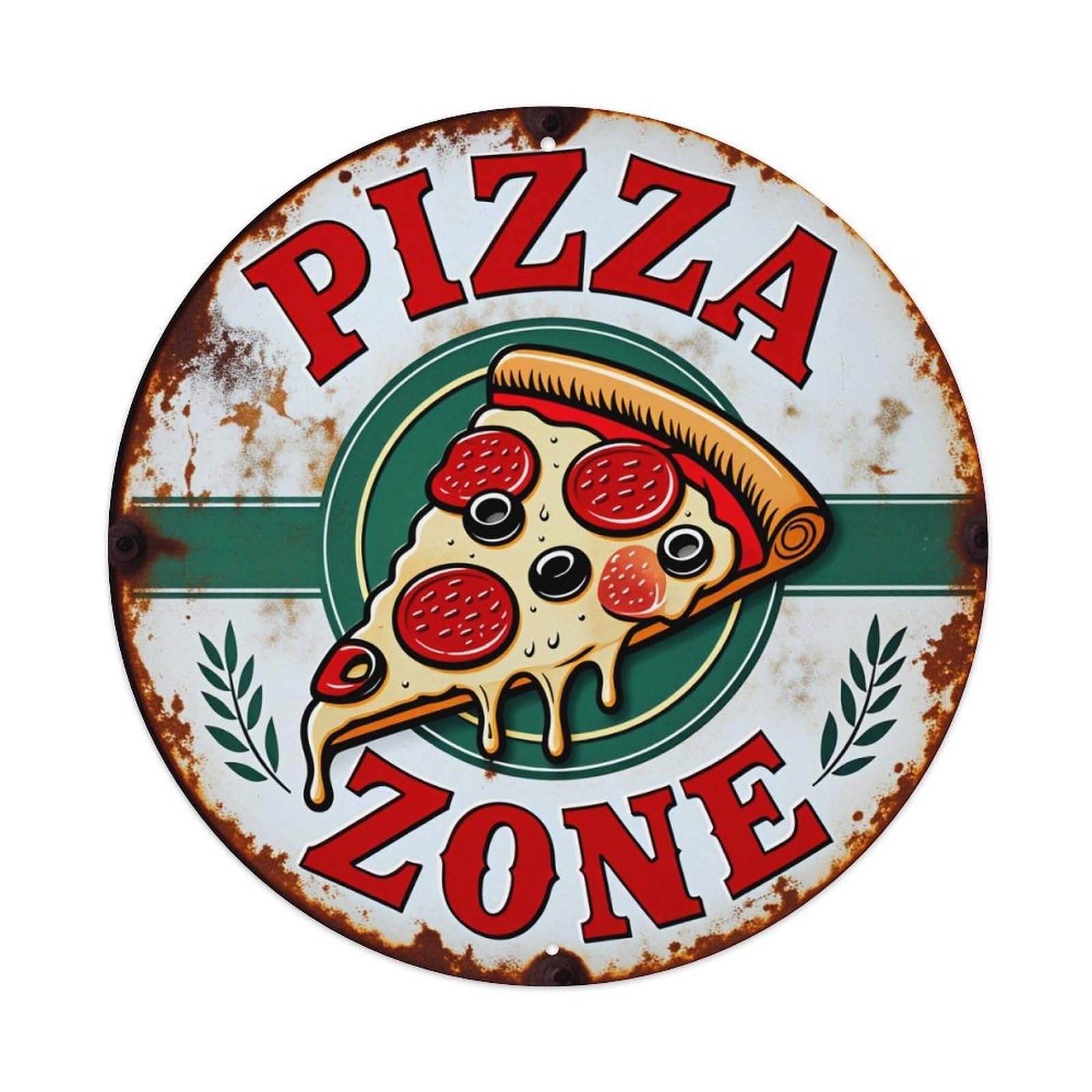 Pizza Slice With Pepperoni And Cheese On Rustic Sign Round Vintage Tin Sign,Retro Wall Art,Metal Poster for Home, Bar, Garage, Cafe, Rustic Indoor & Outdoor Decor, 8x8 Inches