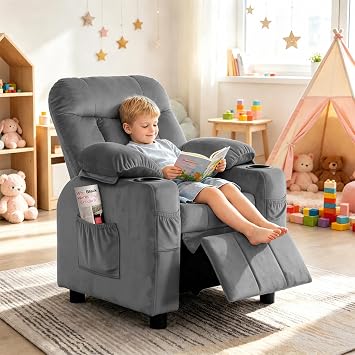 Kids Recliner, Toddlers Kids Recliner Chair with Cup Holder, Ergonomic Adjustable Velvet Lounge Chair with Footrest & Side Pockets, Toddlers Baby Sofa for Boys Girls Bedroom (Gray)