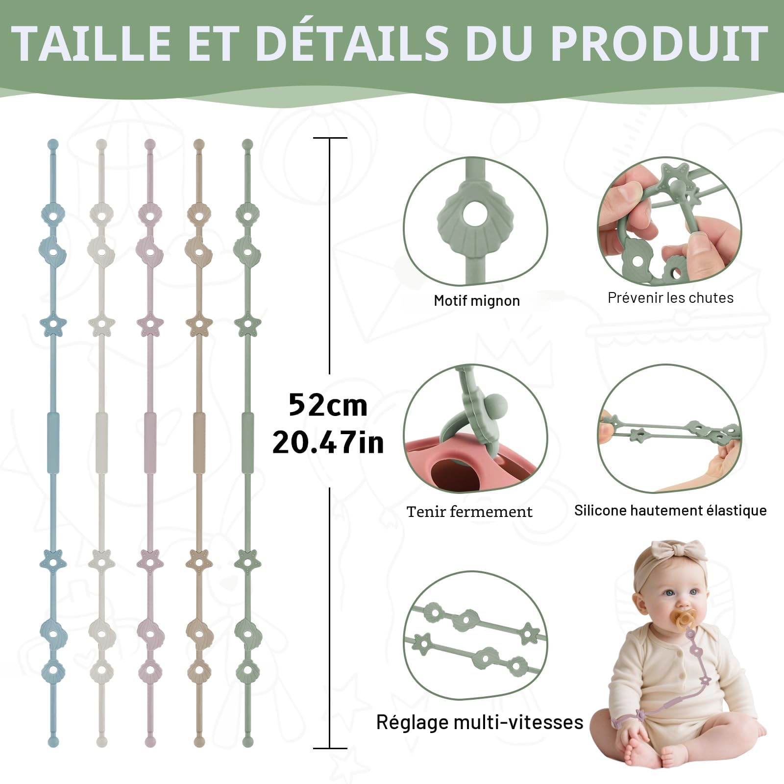 Lot de 5 attache-tétines en silicone avec clip réglable - Chaîne de poussette - Sans BPA