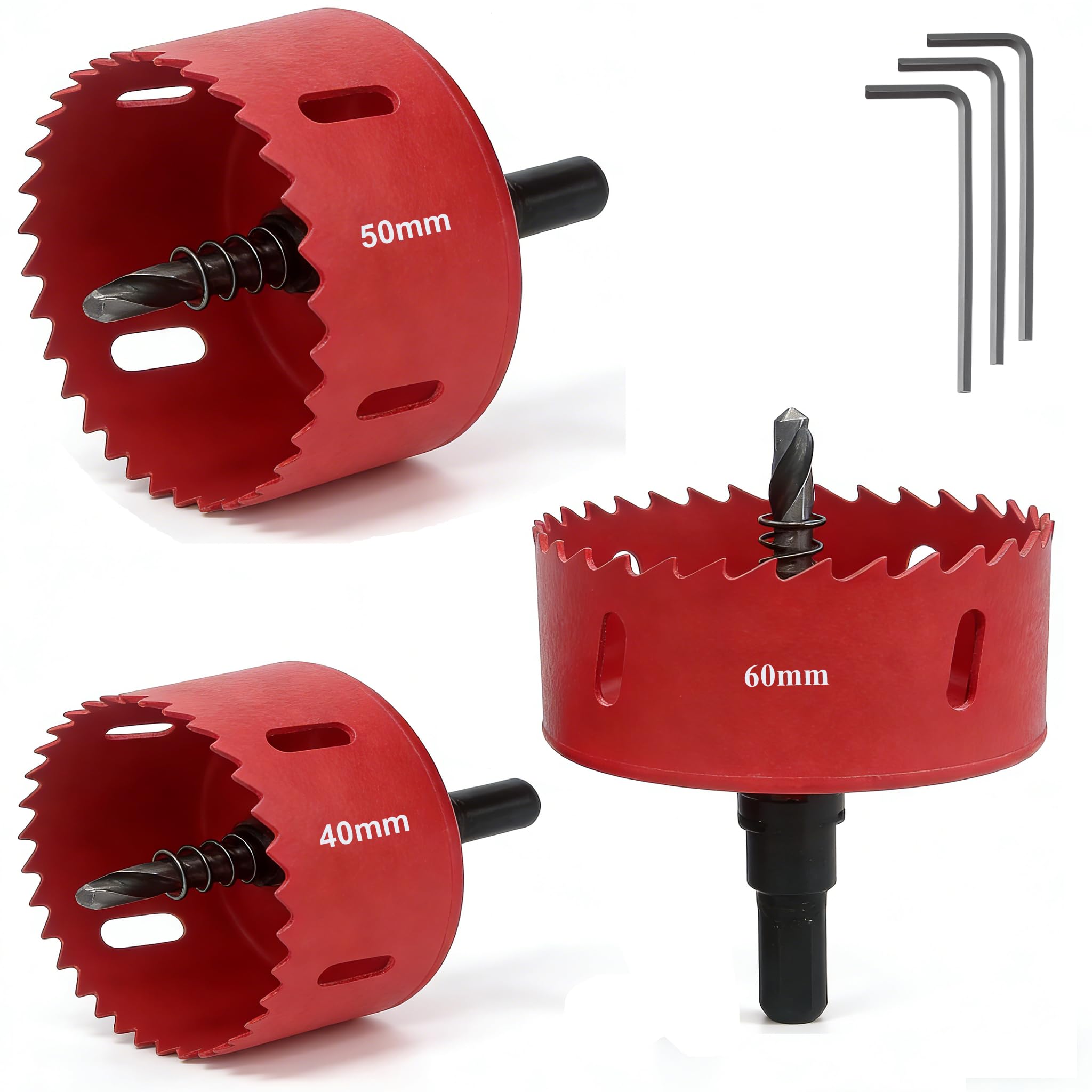 msymsyu 3 Stück Lochbohrer Holz, 40mm/50mm/60mm Lochkreissäge | Kohlenstoffstahl Bi-Metall Lochsäge, mit 3 Stk Sechskant-Schaft, Lochsägen für Sperrholz Holz, Weichholz, Faserplatten