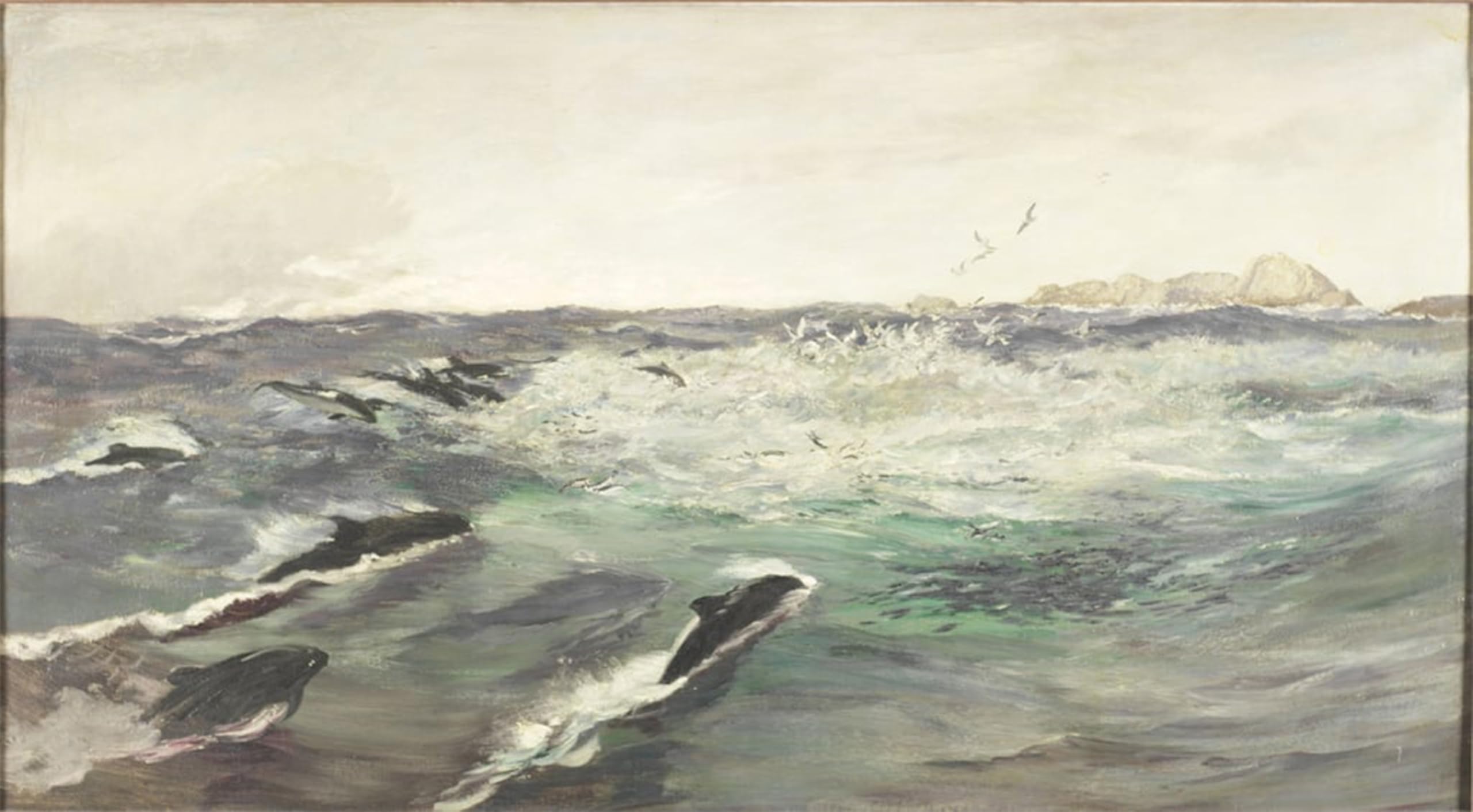 ARTXLXXBN Famous Painting Canvas Artwork Graffiti Print Porpoises Chasing Mackerel by Charles Napier Hemy Portrait Canvas Image for Home Decor 60x90cm