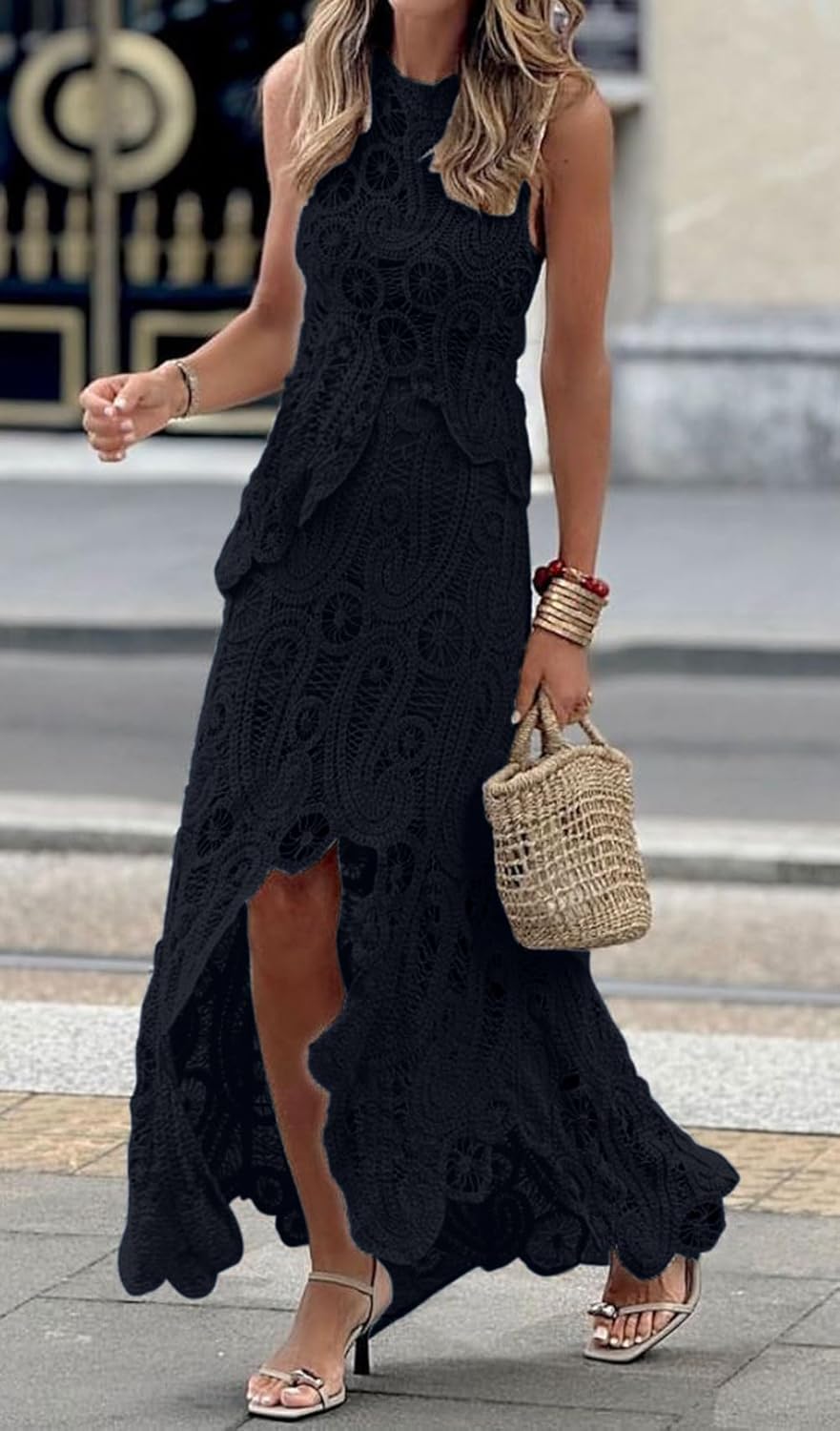 CHARTOU Women Two Pieces Skirt Sets Summer Cut Out Hi-Low Crochet Knit Long Dresses - Image 2