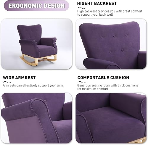 Miniatura 5 de Rophefx Mecedoras para bebé cuna de terciopelo con base de madera maciza con respaldo alto color morado