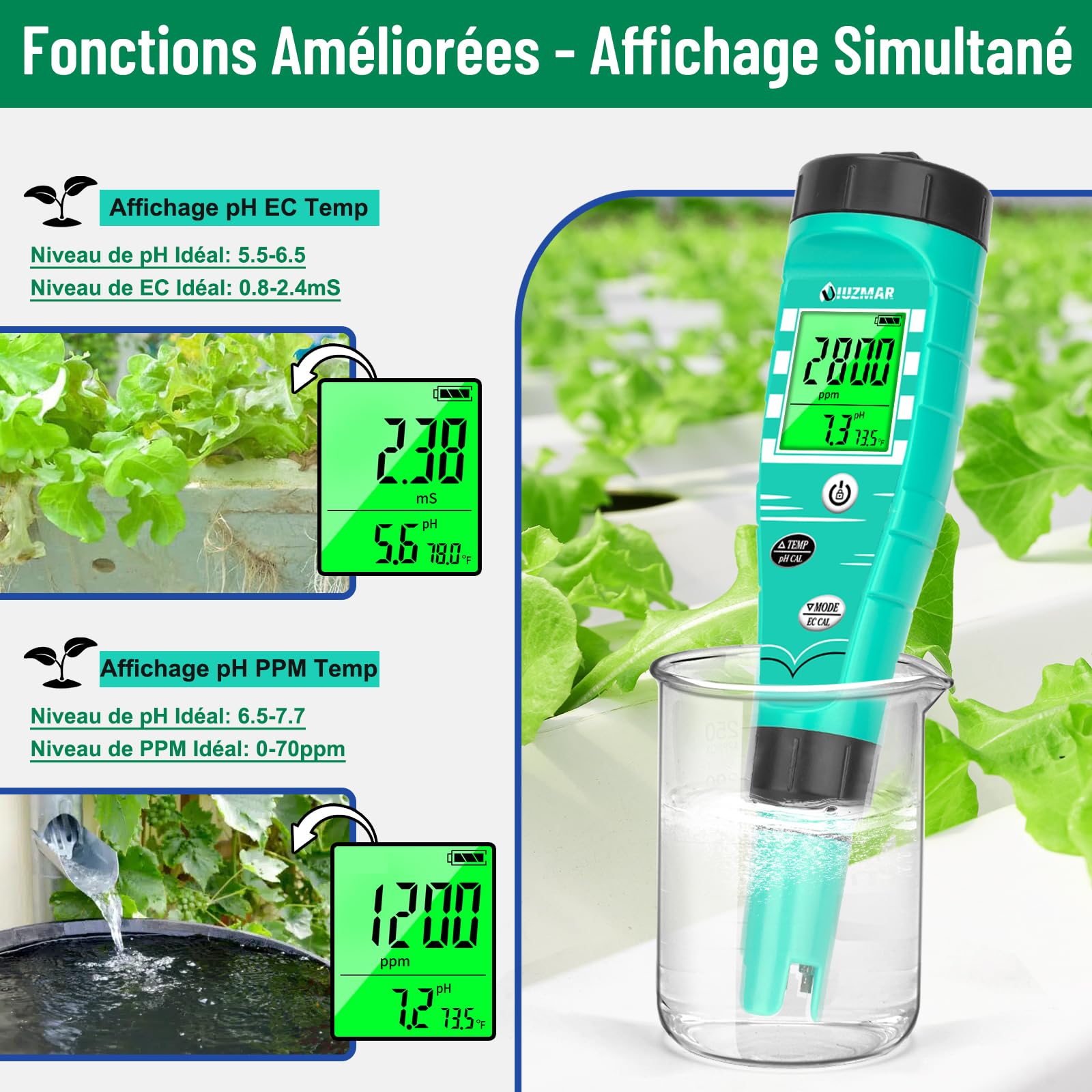 UIUZMAR pH Mètre for Hydroponics Moniteur EC pH Testeur pH PPM Pour Système Hydroponique Mesure Simultanee du pH EC TDS Temperature Pour Installation Dwc Réservoir Hydro, Jardin Aeroponique