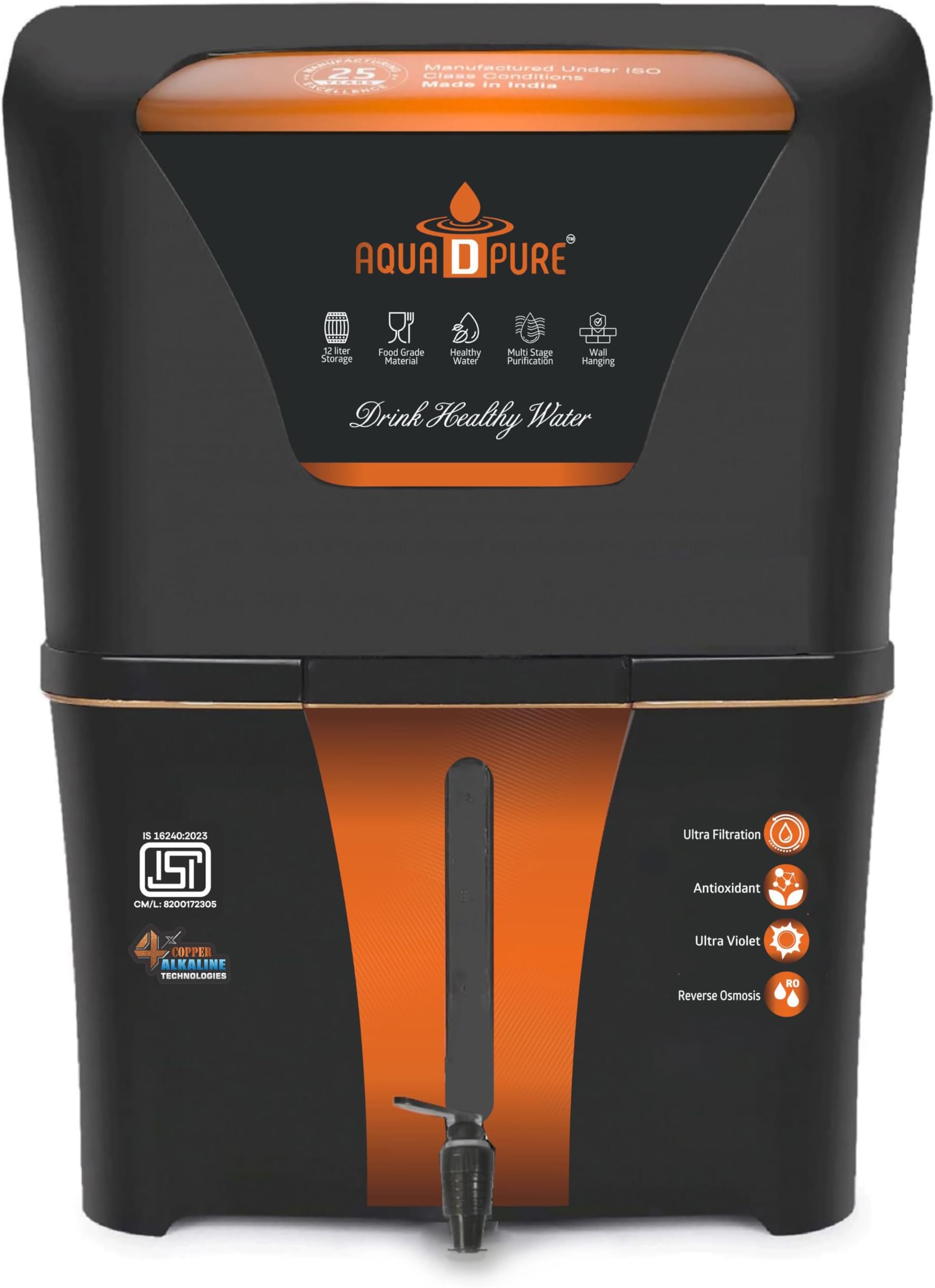 AQUA D PURE 4x Technology with Alkaline Purification, 10 Stage RO Water Purifier with UV, UF, TDS Adjuster and 12 Liter Storage Tank, Best for Home and Offices