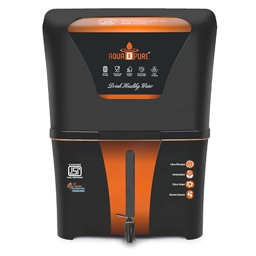 AQUA D PURE Alkaline RO Water Purifier 12L RO+UV+UF+TDS Control with Goodness of copper 12 Liter Large Storage Tank, Suitable for all type of water supply. (color: Black)