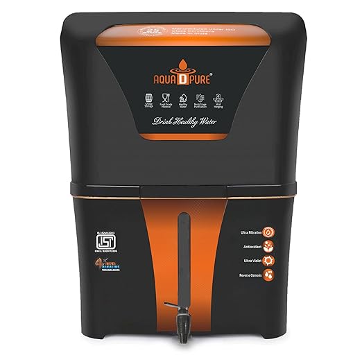 AQUA D PURE Alkaline RO Water Purifier 12L RO+UV+UF+TDS Control with Goodness of copper 12 Liter Large Storage Tank, Suitable for all type of water supply. (color: Black)
