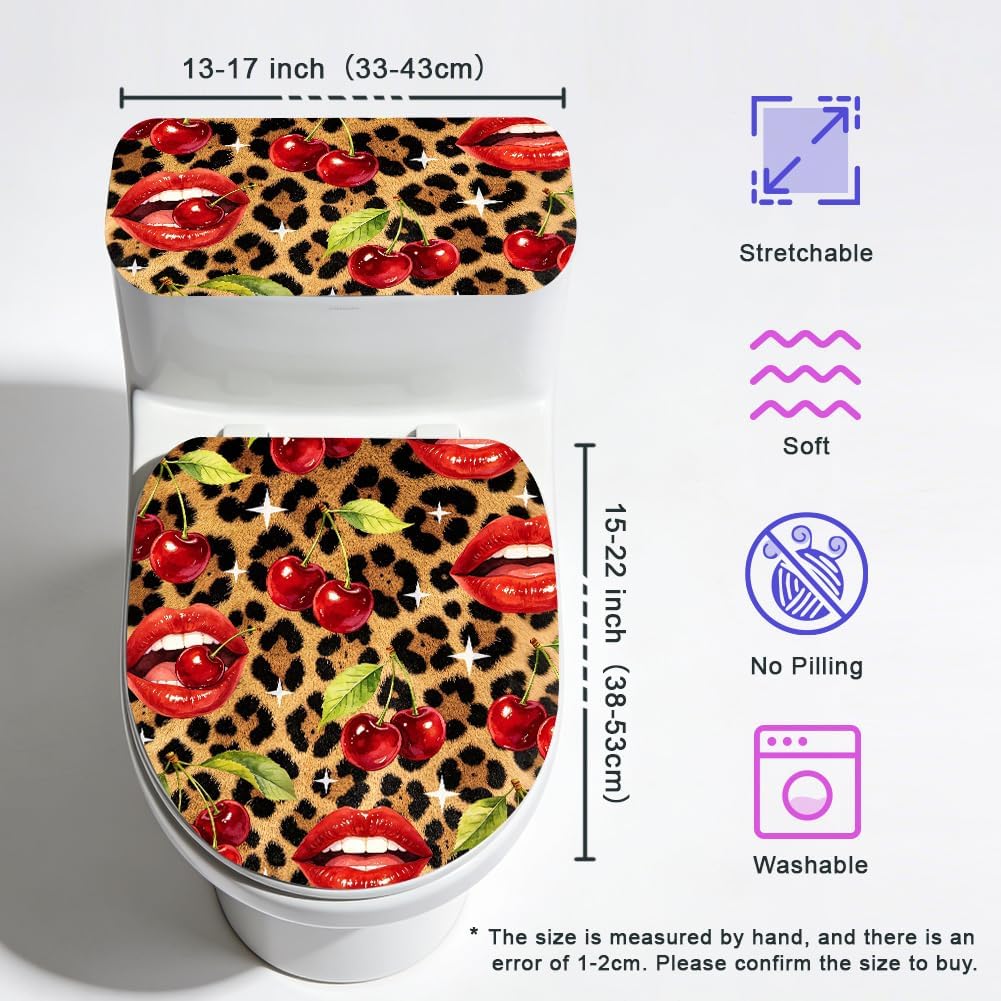 2Pcs Leopard Lips Toilet Lid Cover and Tank Cover Set Stretch Cover Sets Cherry Toilet Seat Covers Fabric Sets Machine Wash Fits Round Elongated Oblong for Bathroom Replacement image 2
