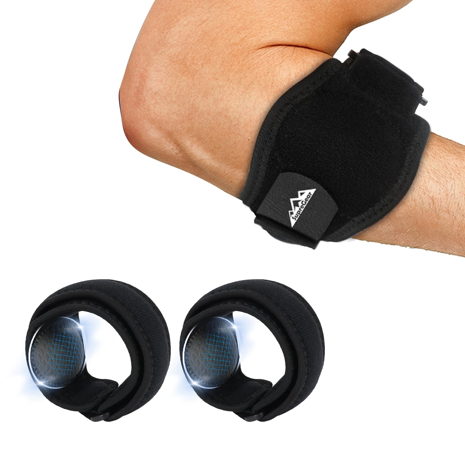 supregear Tutore per Gomito Uomo Donna, Protezione Avambraccio per Tennis e Golf, Cinturino Regolabile con Cuscinetti a Compressione, Fascia Morbida per Sport e Vita Quotidiana, Nero (2 Pezzi)