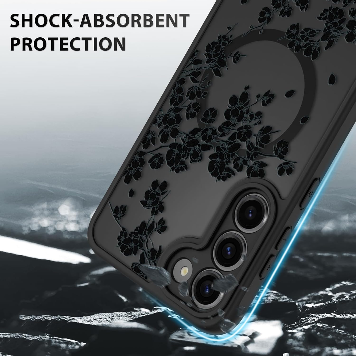 OOK Case Fit for Samsung Galaxy S23 Plus 6.7 Inch (Wireless Charging Compatible) Black Floral Flowers Design Translucent Phone Cover Soft TPU + Hard PC Anti-Scratch Shockproof Magnetic Case for Women - Image 4