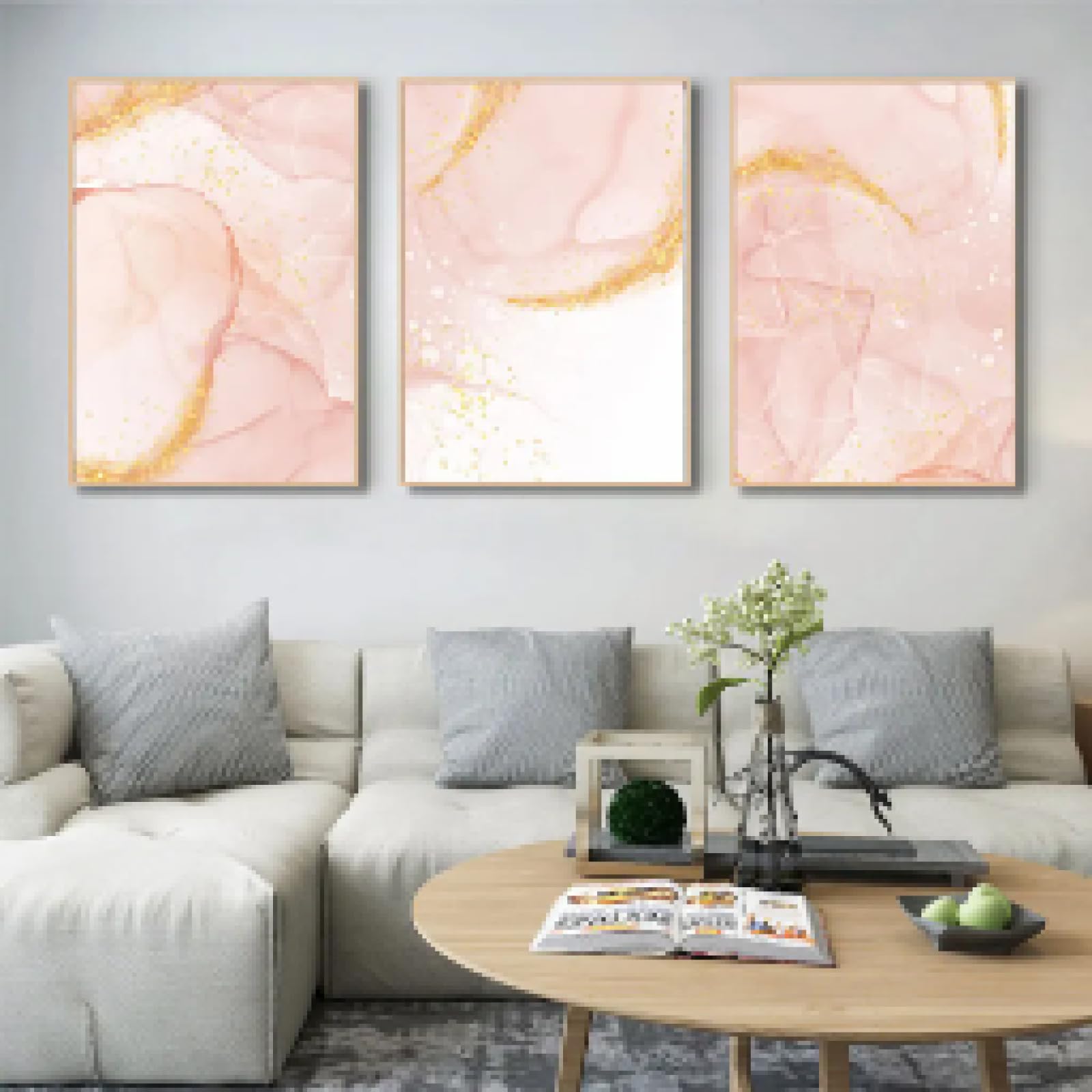 YIUEYI Lienzo de mármol rosa dorado para pared, pinturas artísticas hermosas impresiones carteles e imágenes abstractas imprimibles para decoración de sala de estar, marco de madera de 50 x 75 cm x 3