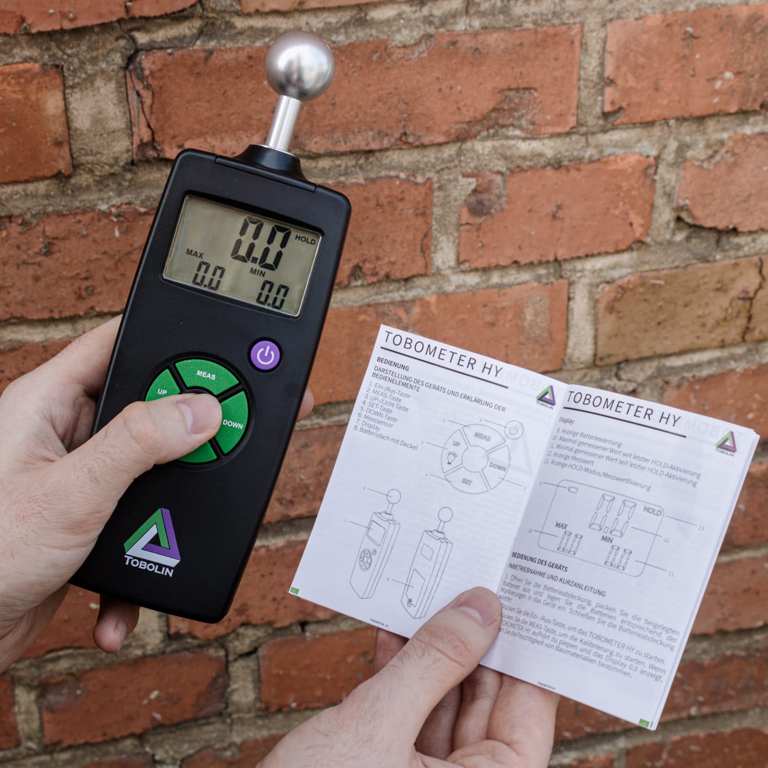 TOBOLIN Feuchtemessgerät TOBOMETER HY - Feuchtigkeitsmessgerät mit LCD-Display für Mauerwerk – Feuchtemesser für Mauerwerk, Holz, Wand, Gips, Putz - Zerstörungsfreie Messung - 40 mm Messtiefe