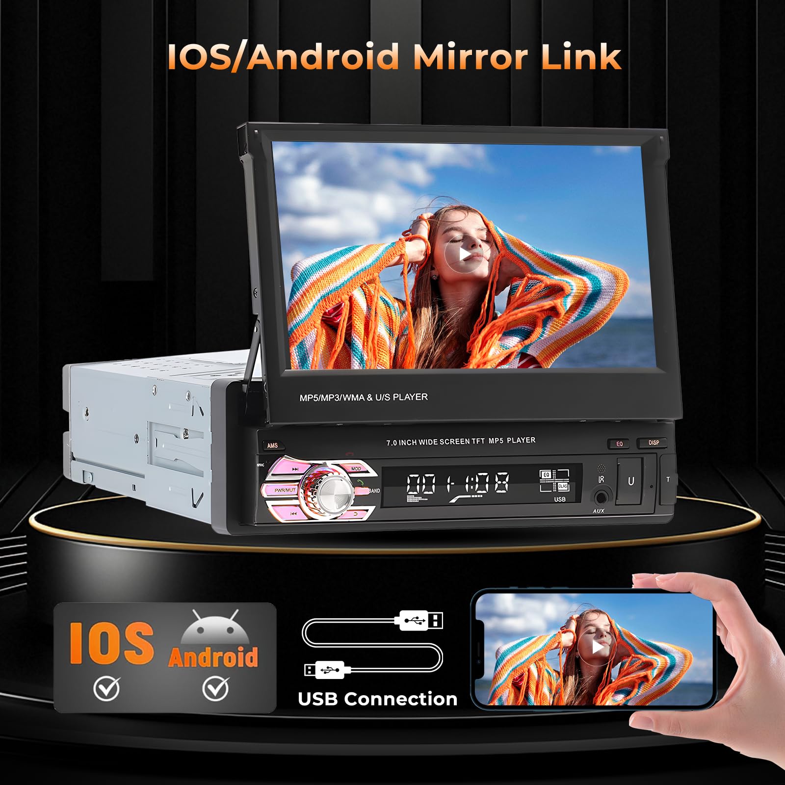 Hikity Autoradio 1DIN Bluetooth, 7'' Pantalla Retráctil Táctil | Manos Libres, USB FM Mirror Link AUX, Cámara de Visión Trasera, Estéreo Radio de Coche