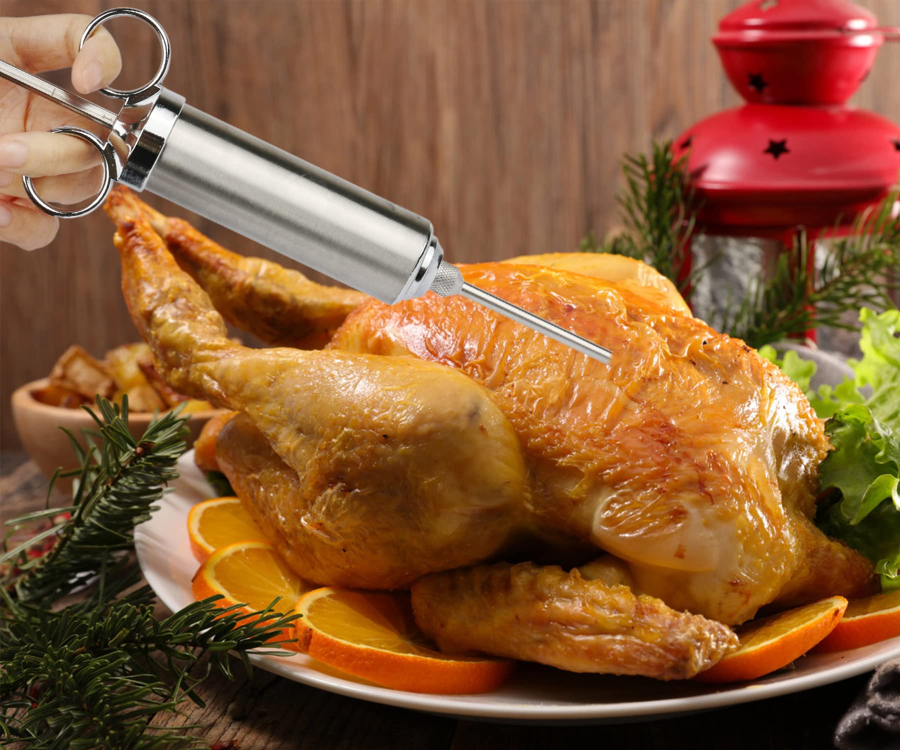 Seringue Alimentaire de Cuisine 60ml en Acier Inoxydable avec 3 Aiguilles de Marinade et 2 Nettoyeurs d'aiguilles, 6 Anneaux de Rechange en O, 1 Pinceau en Silicone
