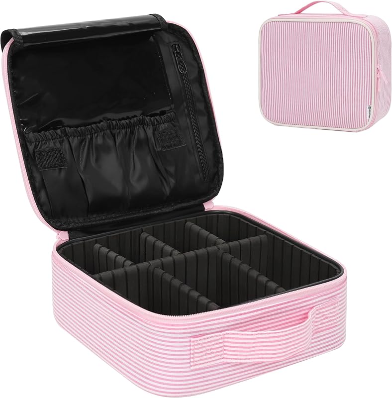 Maleta de Maquiagem Relavel com Divisórias Ajustáveis, Compartimento para Pincéis, Nylon, Estampa Listrada Rosa, Modelo 231204