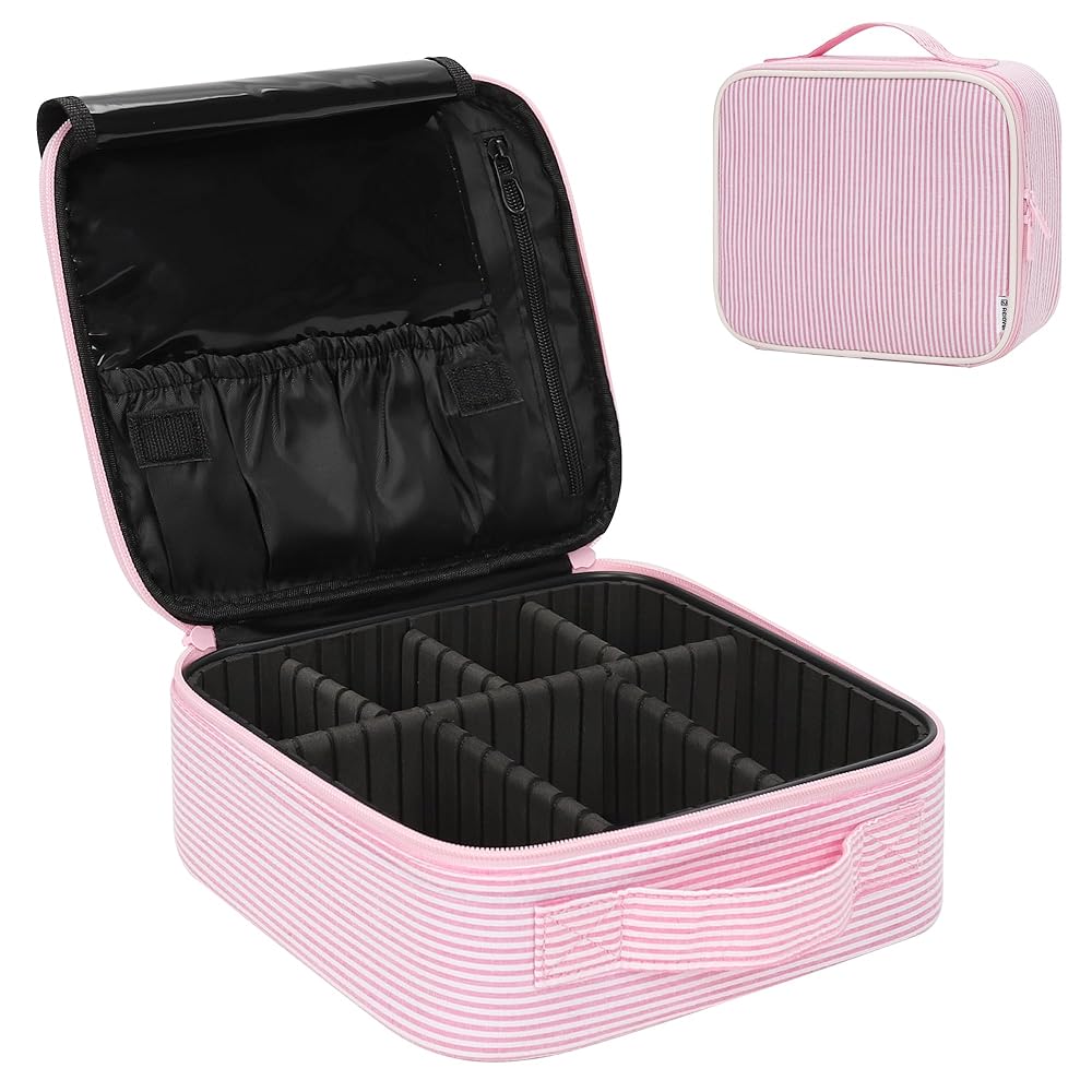 Relavel Travel Makeup Train Case, Portable Cosmetic Case Makeup Organizer, Professional Artist Storage Bag with Adjustable Dividers for Cosmetics Brushes, Birthday Gifts for Girls, Pink Stripe