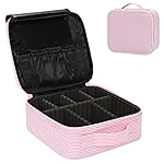 Relavel Travel Makeup Train Case, Portable Cosmetic Case Makeup Organizer, Professional Artist Storage Bag with Adjustable Dividers for Cosmetics Brushes, Birthday Gifts for Girls, Pink Stripe