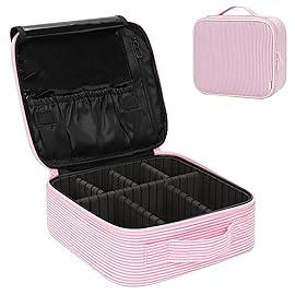 Relavel Travel Makeup Train Case, Portable Cosmetic Case Makeup Organizer, Professional Artist Storage Bag with Adjustable Dividers for Cosmetics Brushes, Birthday Gifts for Girls, Pink Stripe