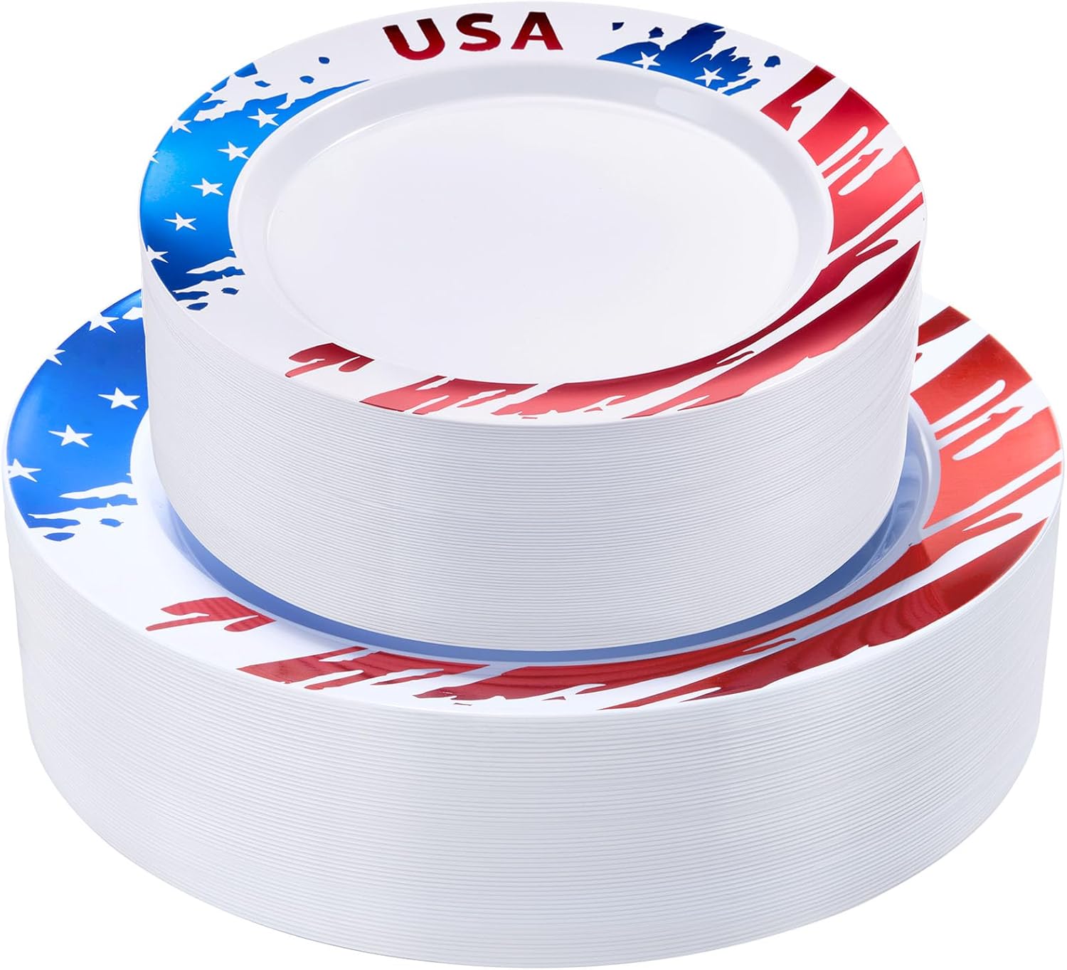 Goodluck 4th of July Plastic Plates, 100Pcs Patriotic Red White and Blue Party Supplies with USA Flag Design, Includes 50 10" Dinner & 50 7.5" Dessert Plates for Independence Day Memorial Day