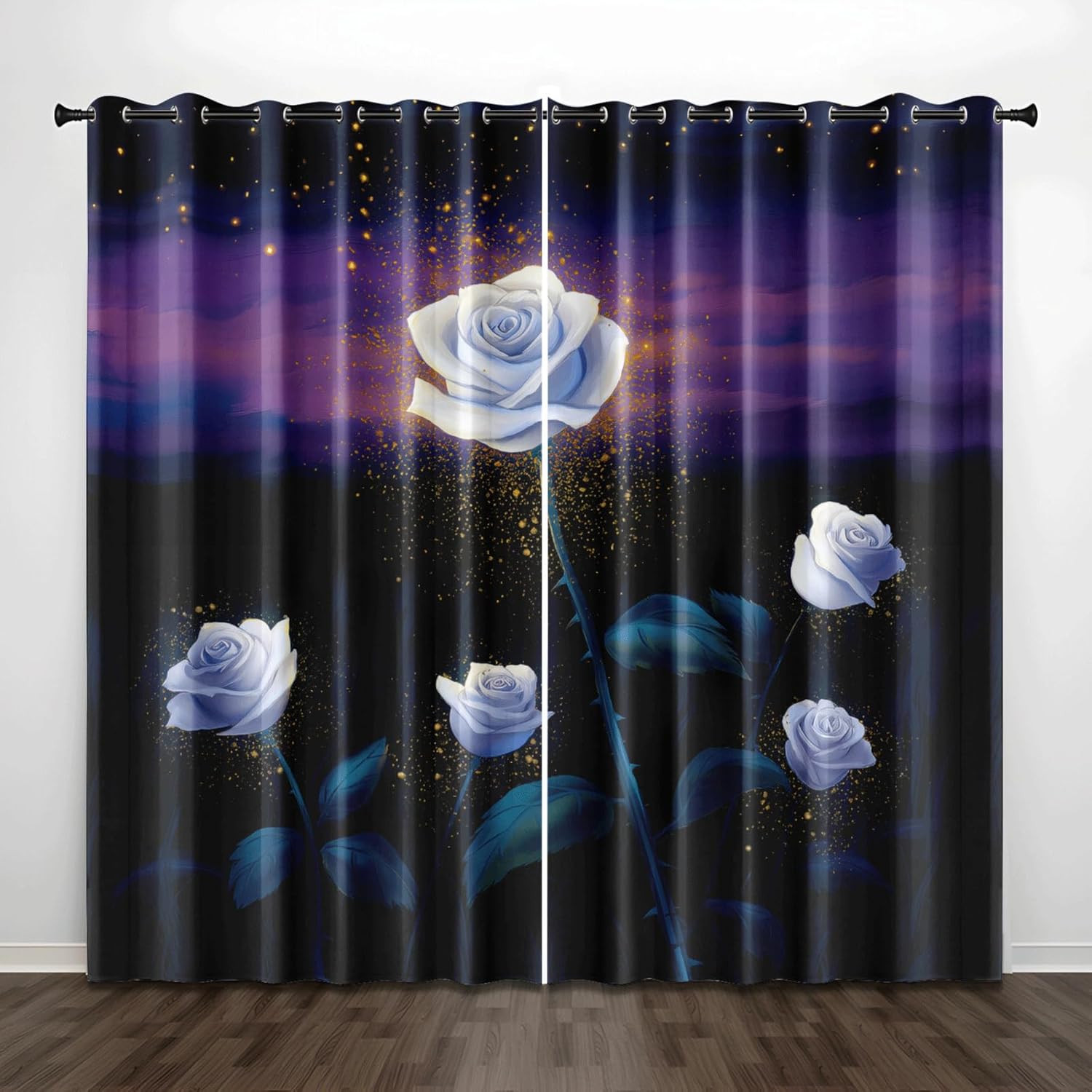 Blackout Curtains Blue Leaf Flower Living Room for Bedroom Polyester Washable Thermal Insulated Noise Reducing with Eyelets Door Curtain 2 Panels 2x75x166 cm(2 x 33.46 x 78.74 inch)
