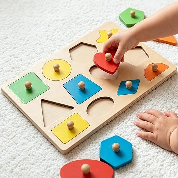 Grolibyre Planche d'Encastrement Montessori Formes Géométriques et Couleurs (12 Pièces)