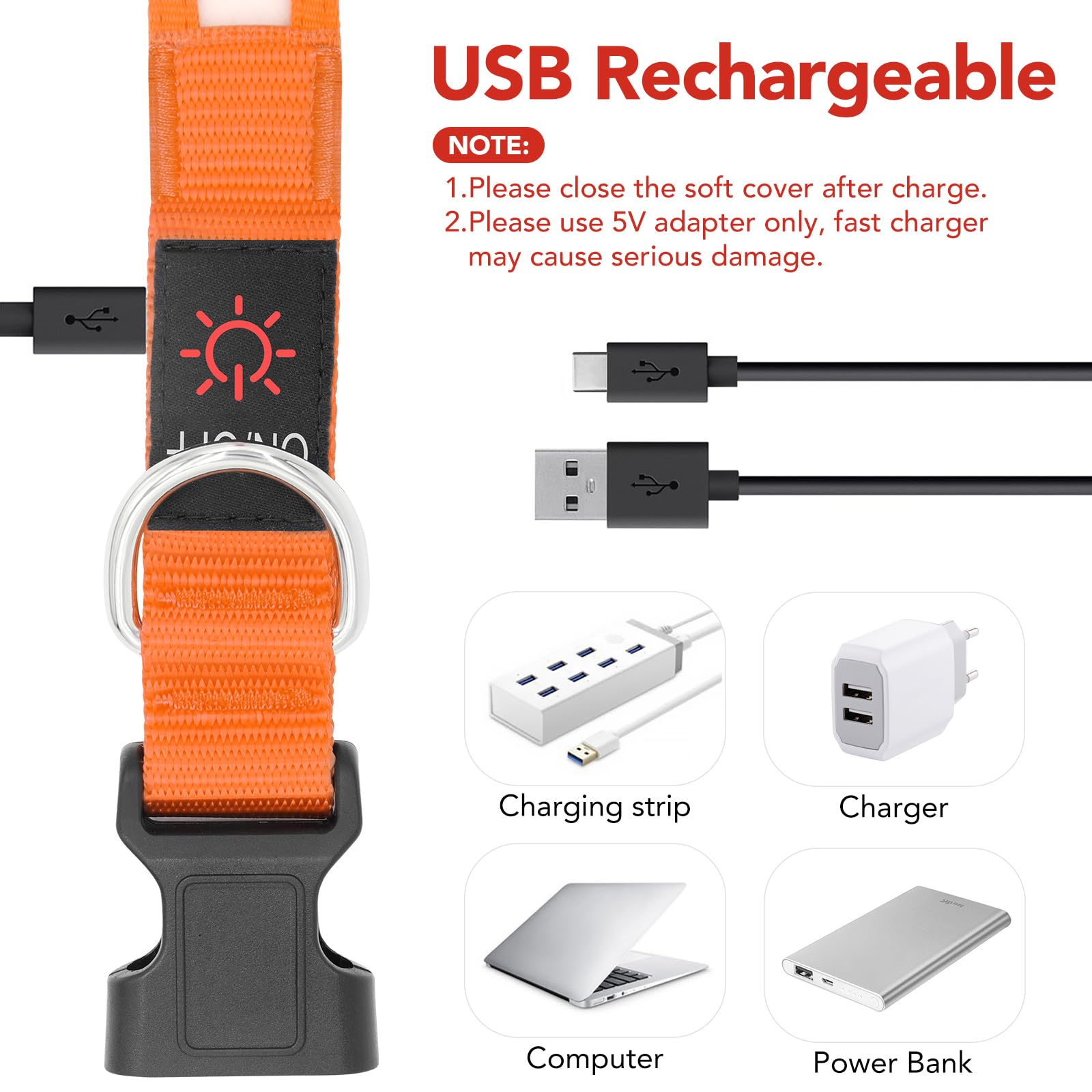 VIZPET Collar de perro LED recargable por USB, 100% impermeable, ajustable, con luz súper brillante, luz de seguridad, collares brillantes para perros (mediano [38-50 cm), naranja)