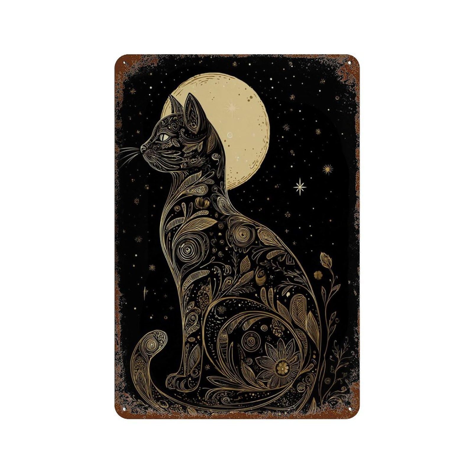 xiaoxiaoshen Moon Cat Mystical Black Celestial Night Sky Bohemian Lunar Work Magical Animal Wall Decor Art Metal Tin Poster Modern Home Decor Art Home Bar Shop Decorations Vintage Sign 30x20cm