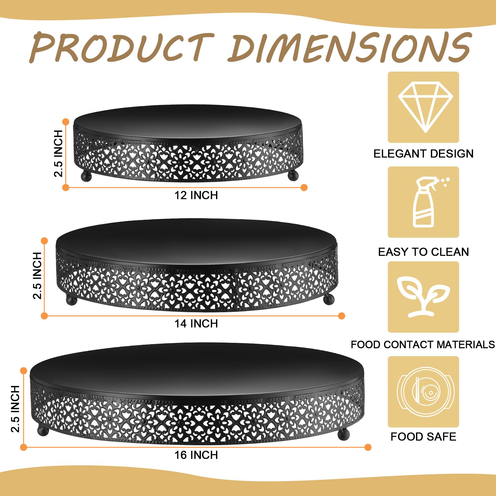 Wenqik 3 Pcs Cake Stand 16'' 14'' 12'' Round Metal Cake Stand Bases Display Holder Cookies Fruit Serving Tray Candy Display Plate Cupcake Dessert Pastry Riser for Wedding Birthday Party(Black)