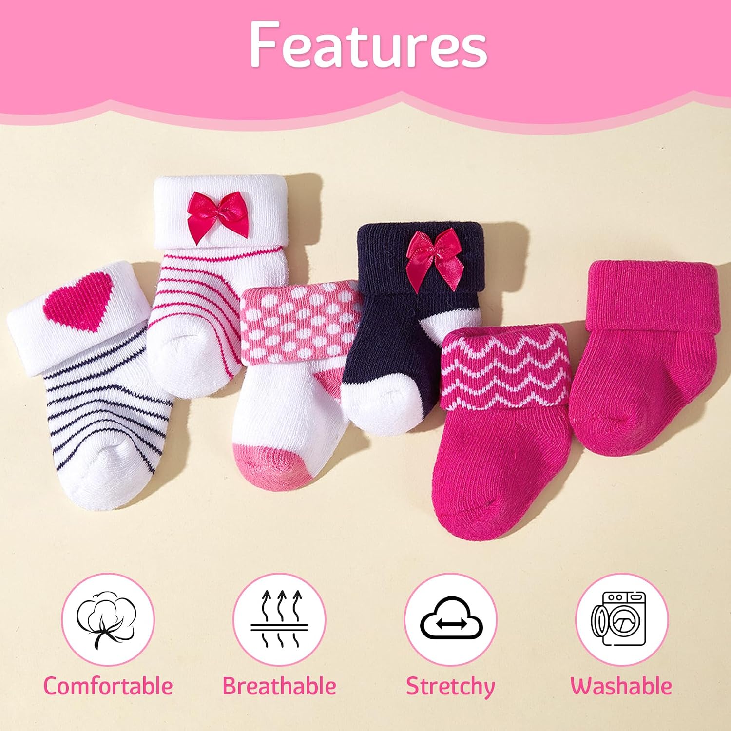 Meeshine 6 Pack Baby Girl Socks Toddler Cotton Terry Turn Cuff Ankle Socks with Bow for Infant/Newborn/Preemie/0-12 Months