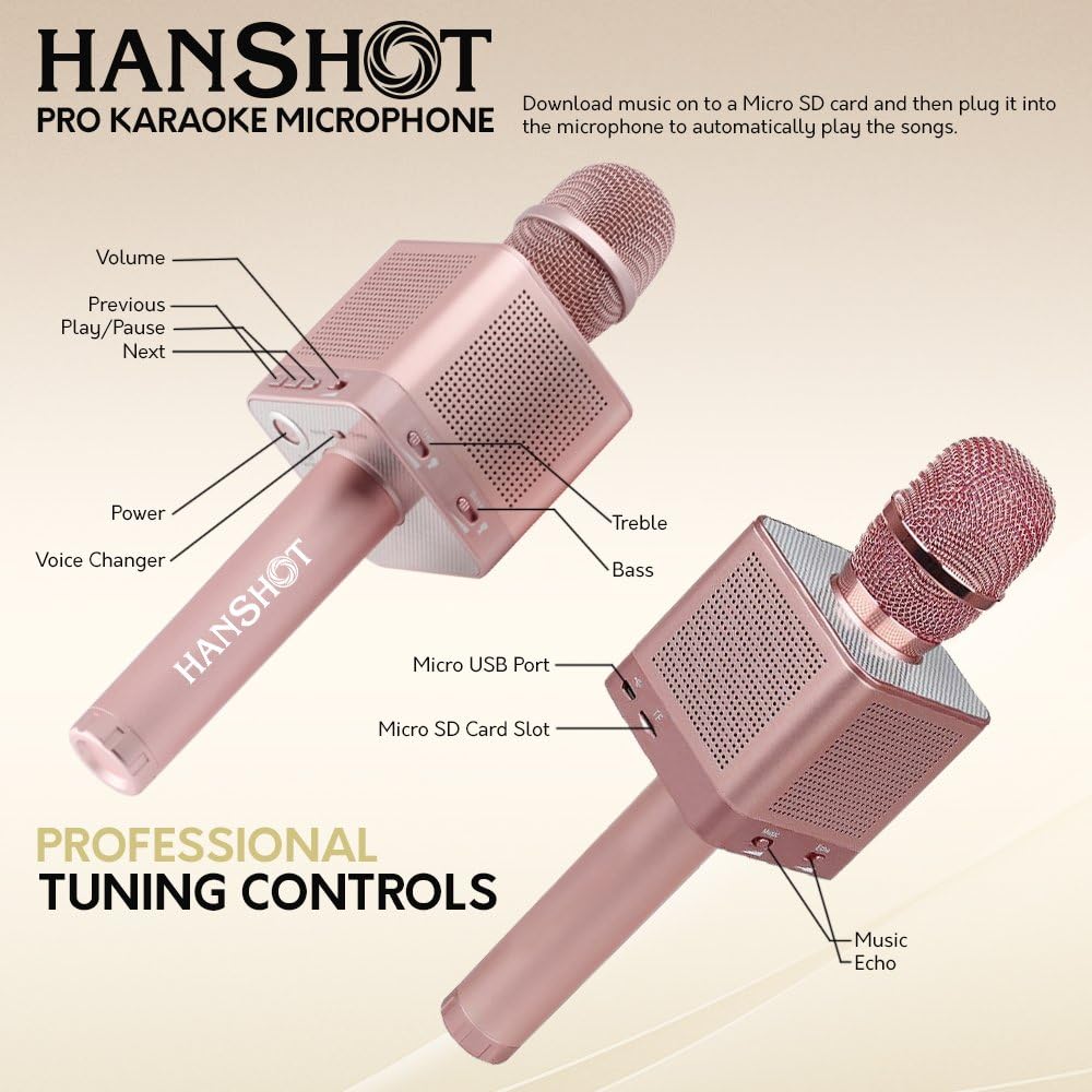 Flash Deals - 50% OFF Hanshot Pro Portable Rechargeable Bluetooth Karaoke Microphone with built in Speakers compatible with Karaoke Apps on iOS and Android (Rose Gold)