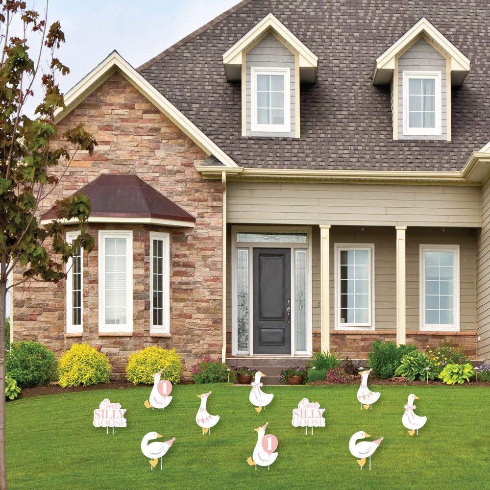 Big Dot of Happiness One Silly Goose Pink Outdoor Decorations, Girl 1st Birthday Party Lawn Ornaments, Goose-Themed Yard Signs with Stakes - 10 Piece Set
