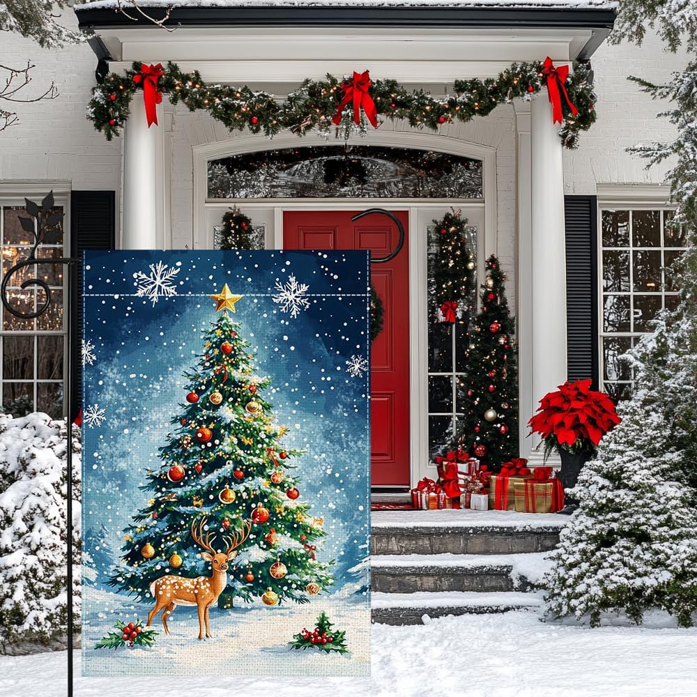 Winter Reindeer Snowflake Garden Flag for Outside Christmas Tree Welcome Yard Flag 12x18 Inch Double Sided Burlap Holiday Farmhouse Home Decoration Outdoor Flag - Image 9