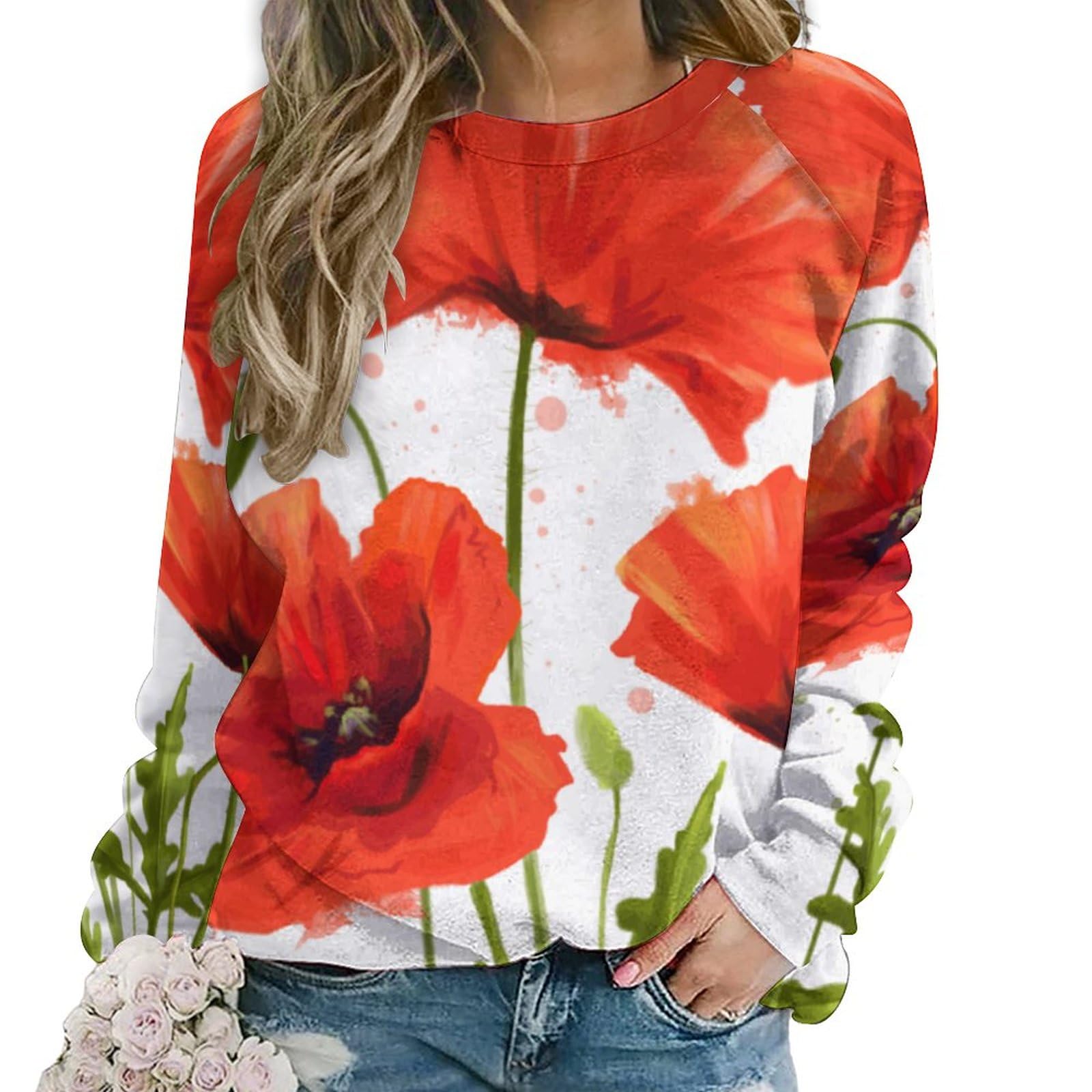 Dgsxynth Women's Red Poppy Casual Jumper, Sweatshirts For Crewneck Long Sleeve Top