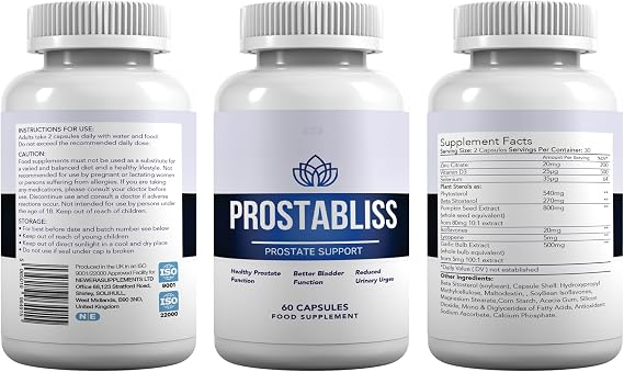 Prostabliss Prostate Support Capsules, Urine Flow Formula, Reduces Bladder Discomfort, 60 Capsules, Vegan, Vegetarian, Gluten Free
