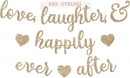 Cartel preencordado con texto en inglés "Love Laughter & Happily Ever After", "No hazlo tú mismo" – Cartel dorado con purpurina para despedida de