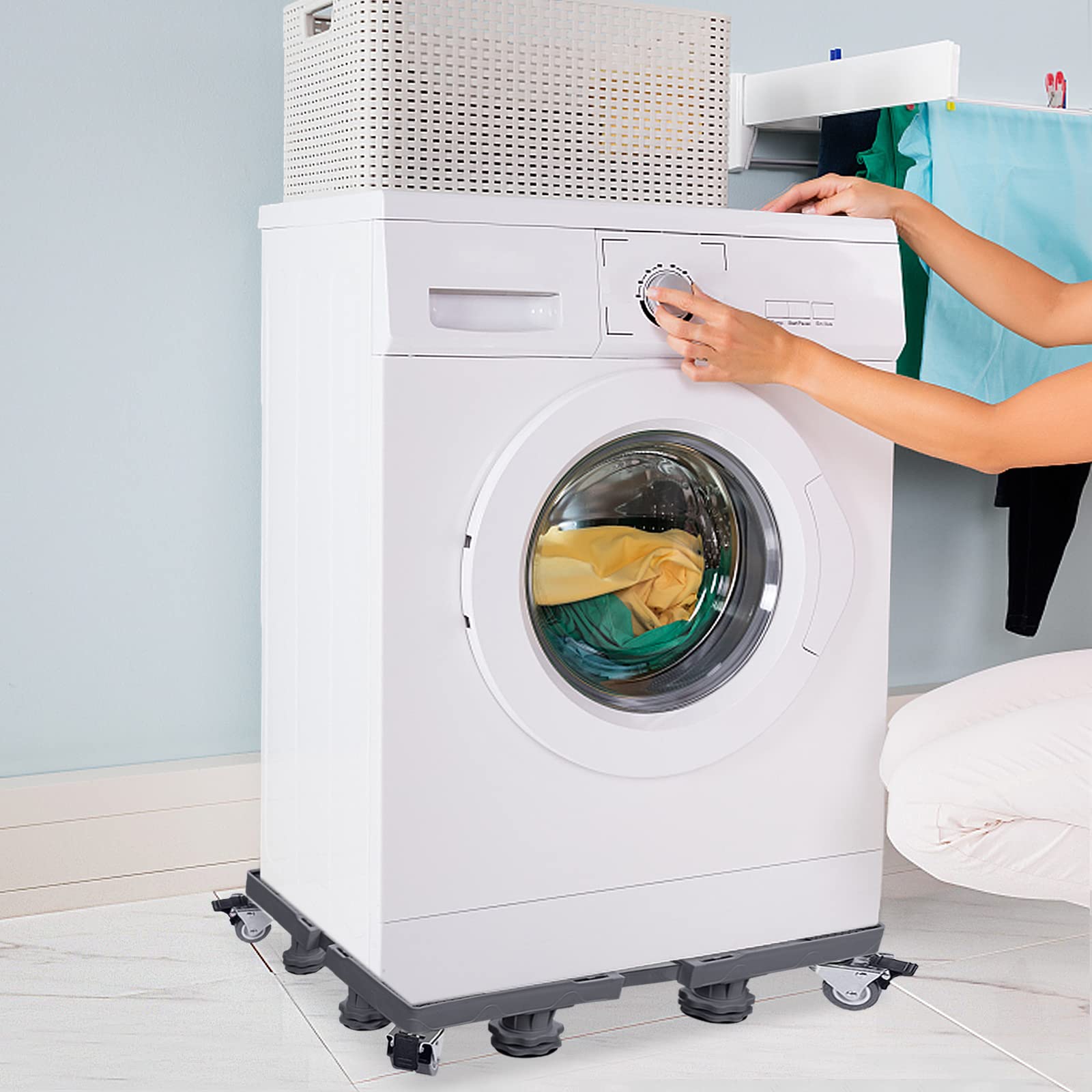 Waschmaschinen Untergestell mit 8 Füßen + 4 Räder, Verstellbar, rutschfest & stoßdämpfend Ideal für Waschmaschinen, Trockner, Gefrierschrank & Kühlschrank Grau, stabil & platzsparend