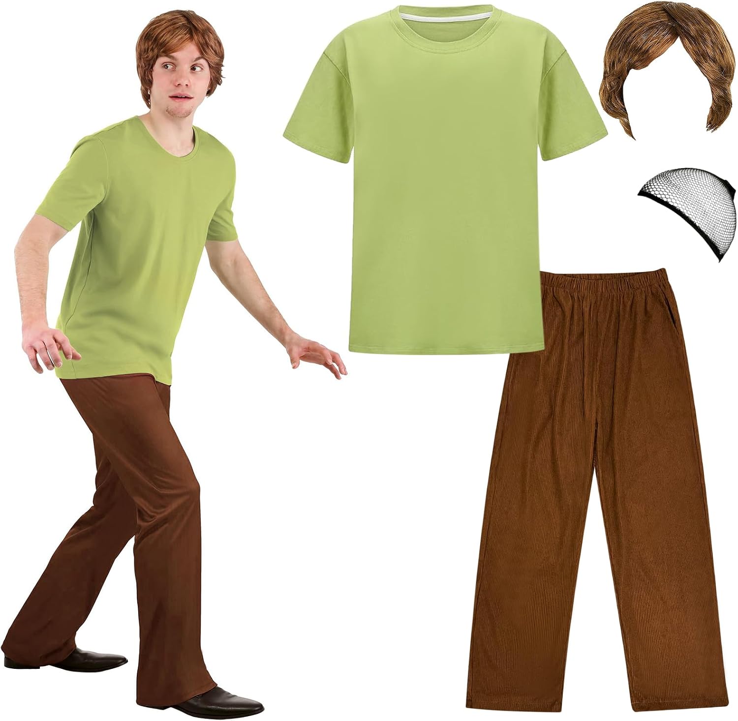 Mens Halloween Costumes Adult, Green Shirt, Brown Pants, Men Short Wavy Brown Wig – Mens Retro Mystery Solver Cosplay Outfit