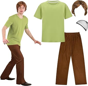 Mens Halloween Costumes Adult, Green Shirt, Brown Pants, Men Short Wavy Brown Wig Mens Retro Mystery Solver Cosplay Outfit
