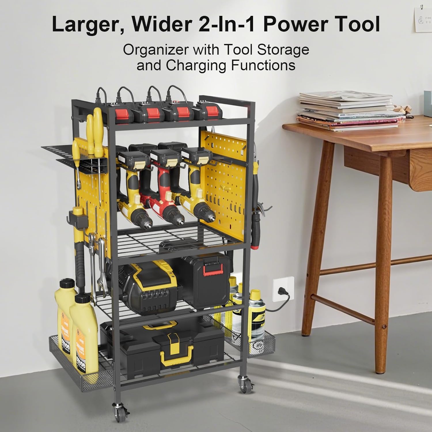 Power Tool Organizer Cart with Charging Station, Heavy Duty Garage Tool Organizer Rolling Tool Battery Storage with 8-Outlet Power Strip, a 4.9-FT Cord,4 Wheels, 2 Hanging Baskets, Hooks,Yellow image 4