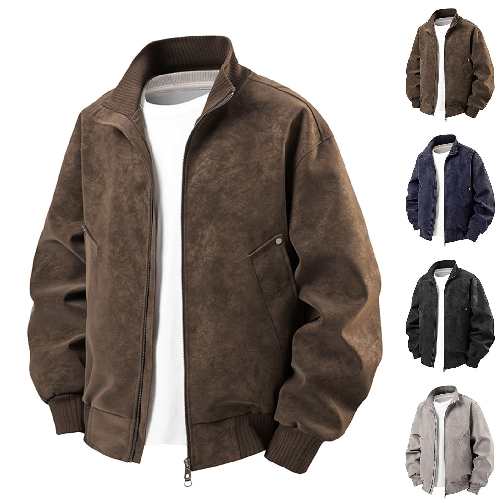 Genérico Chaqueta de cuero suelta con cuello alto para hombre