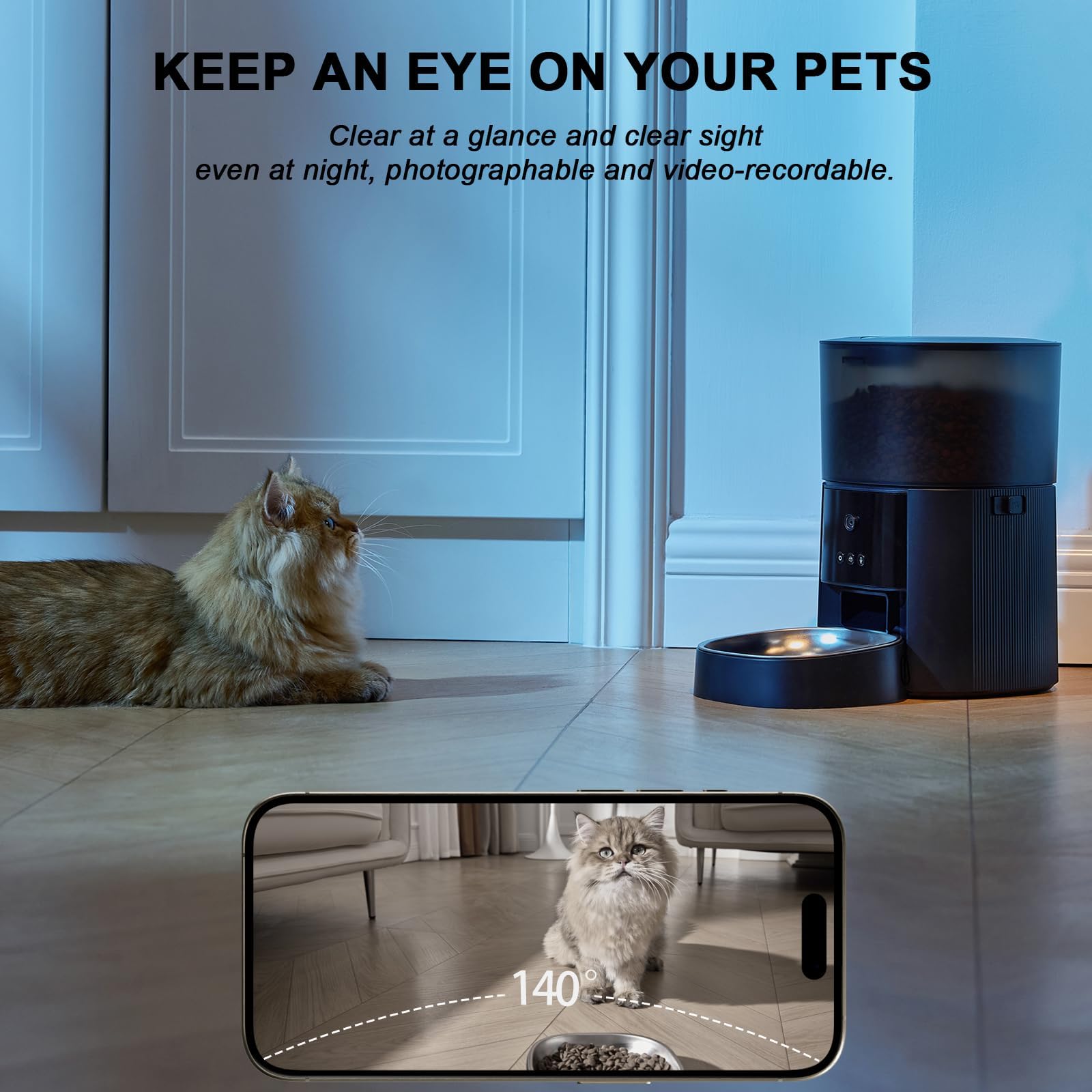 Automatic Cat Feeder with Camera & Voice Interaction, WiFi/App Control, 4L Dry Food Dispenser for Cats & Dogs with Freshness Preservation, Custom Feeding Times & Portions, Dual Power - image 4