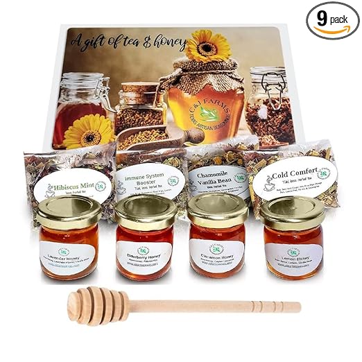 C&J Farms Texas Gourmet Artisan Seasonings A Gift of Tea and Honey Gift Set- 9 Piece Variety Sampler Box- Includes Stir Spoon and Sampling of Loose Leaf Tisanes & Infused Honey- Local, Natural Flavors