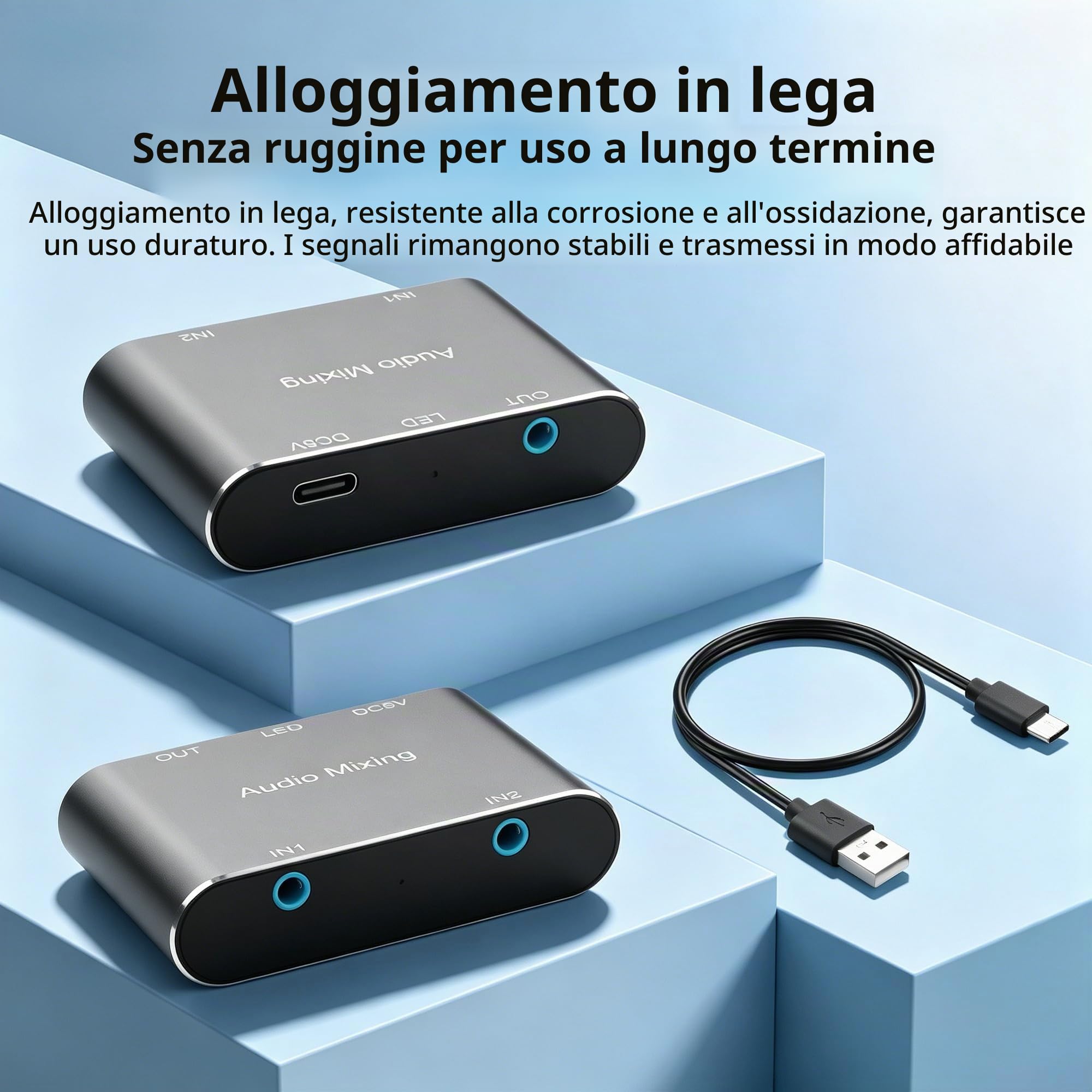 GINTOOYUN Mixer audio stereo da 3,5 mm 2 in 1 out mini mixer audio stereo da 3,5 mm con cavo di ricarica USB da 1,64 m per laptop, telefoni, cuffie, altoparlanti, ecc