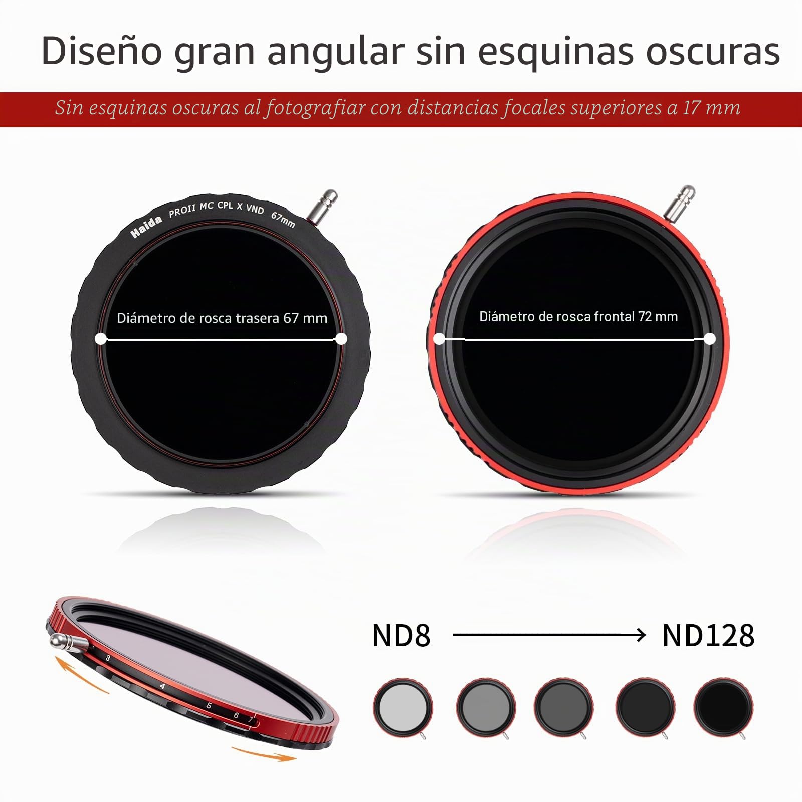 Haida Filtro ND ajustable 77mm VND+CPL 3-7 paradas polarizador Nano-revestimiento multicapa + filtro de densidad neutra variable con tapón de lente (serie Pro II)