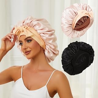 2PCS Satin Silk Sleep Bonnets for Women with Adjustable Tie, Ideal for Jumbo Braids