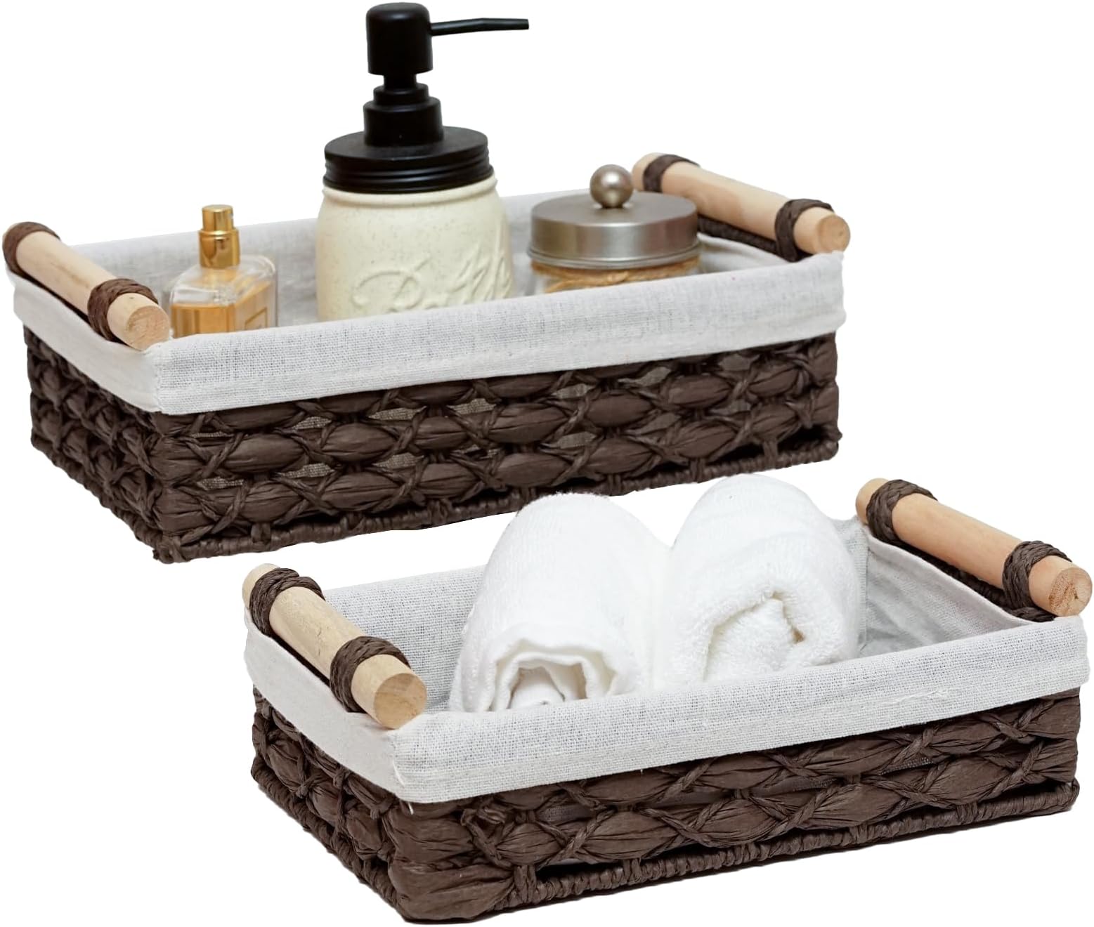 DUOER Storage Basket Wicker Baskets for Organizing with Handle Decorative Storage Bins for Countertop Toilet Paper Storage Basket for Toilet Tank Top Small Baskets Set (Set of 2)